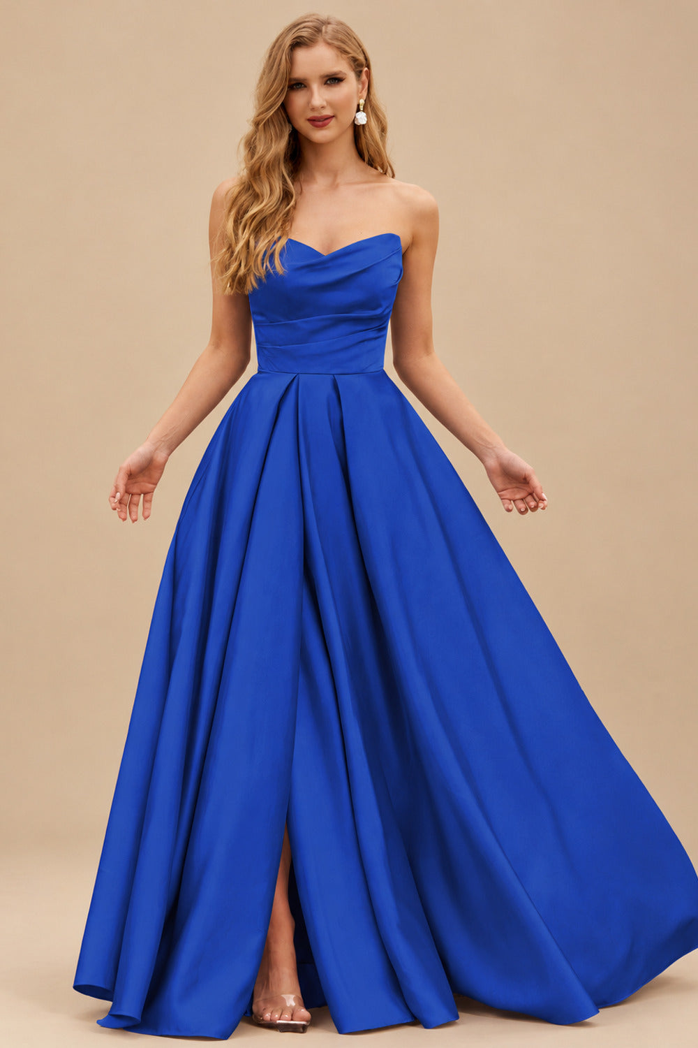 Rutipo Royal Blue A-line V Neck Strapless Satin Prom Dress with Corset Back and Front Slit