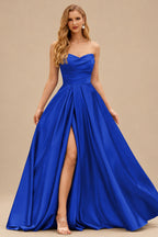 Rutipo Royal Blue A-line V Neck Strapless Satin Prom Dress with Corset Back and Front Slit