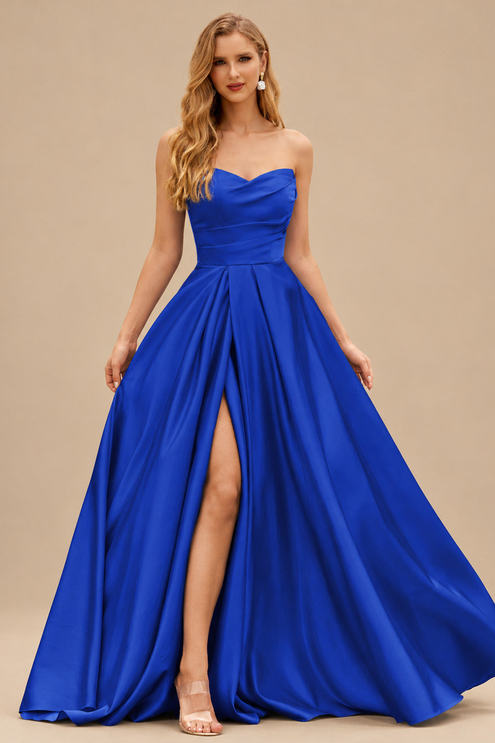 Rutipo Royal Blue A-line V Neck Strapless Satin Prom Dress with Corset Back and Front Slit