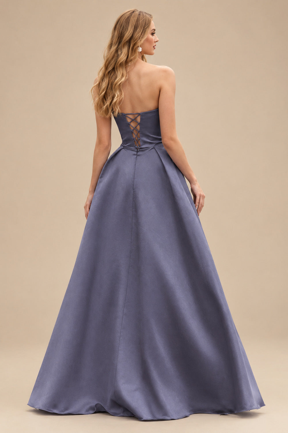 Rutipo Stormy A-line V Neck Strapless Satin Prom Dress with Corset Back and Front Slit
