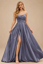 Rutipo Stormy A-line V Neck Strapless Satin Prom Dress with Corset Back and Front Slit