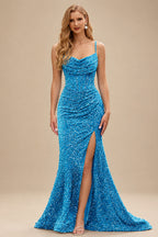 Rutipo Blue Fitted Cowl Neck Corset Velvet Sequins Prom Dress with Slit and Lace-Up Back
