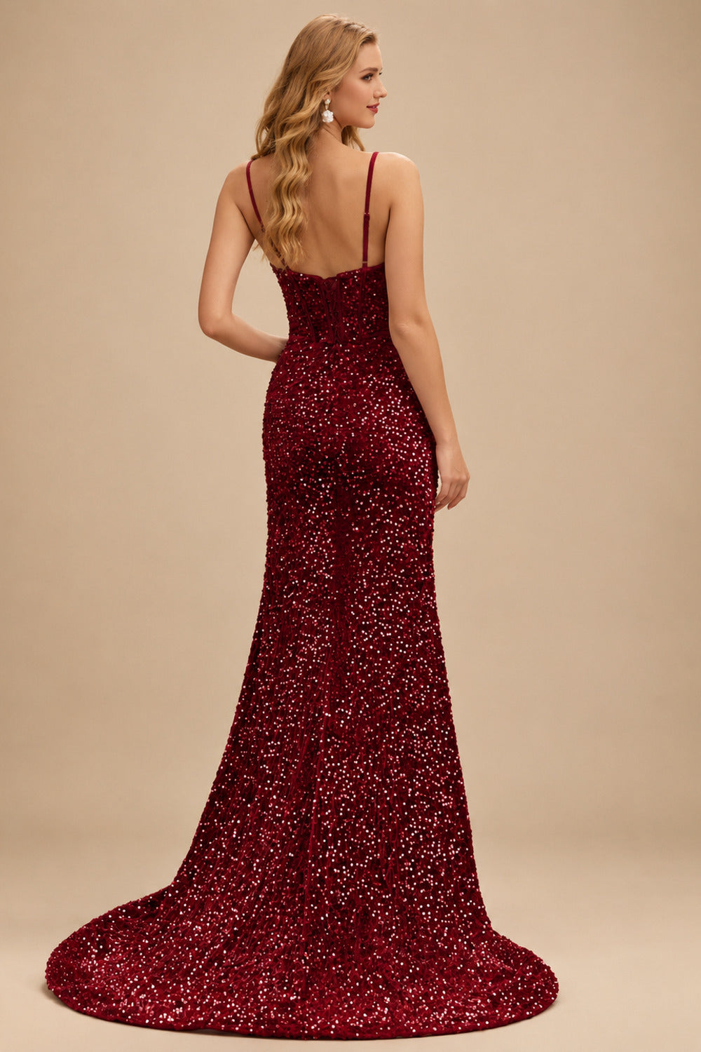 Rutipo Burgundy Fitted Cowl Neck Corset Velvet Sequins Prom Dress with Slit and Lace-Up Back