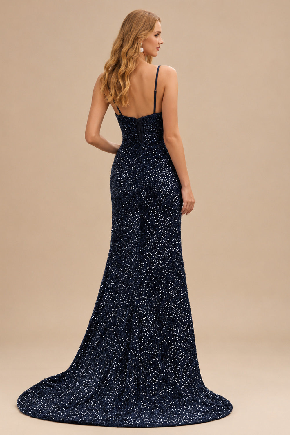 Rutipo Dark Navy Fitted Cowl Neck Corset Velvet Sequins Prom Dress with Slit and Lace-Up Back