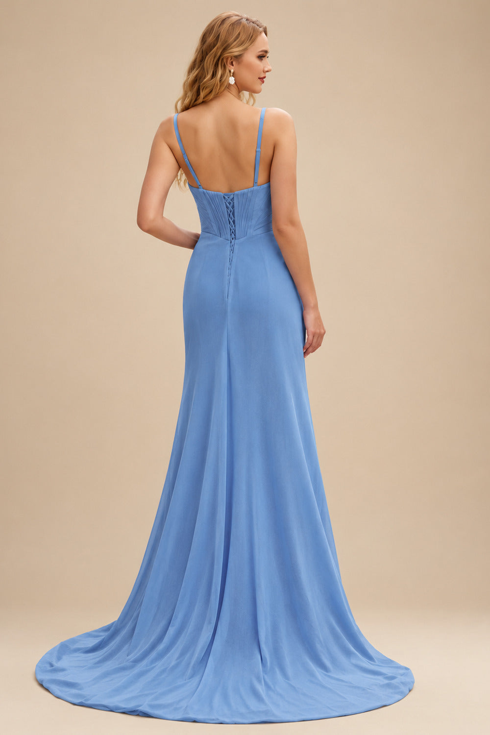 Rutipo Dusty Blue Fitted Cowl Neck Corset Velvet Sequins Prom Dress with Slit and Lace-Up Back