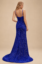 Rutipo Royal Blue Fitted Cowl Neck Corset Velvet Sequins Prom Dress with Slit and Lace-Up Back