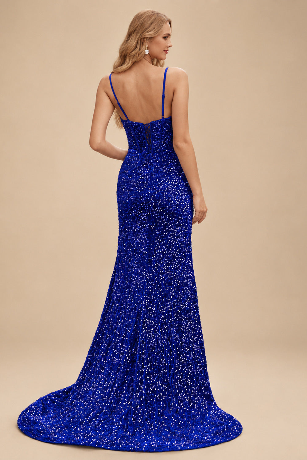 Rutipo Royal Blue Fitted Cowl Neck Corset Velvet Sequins Prom Dress with Slit and Lace-Up Back