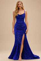 Rutipo Royal Blue Fitted Cowl Neck Corset Velvet Sequins Prom Dress with Slit and Lace-Up Back