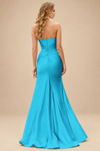 Rutipo Blue Mermaid Strapless Mermaid Evening Prom Dress with Ruffle Slit