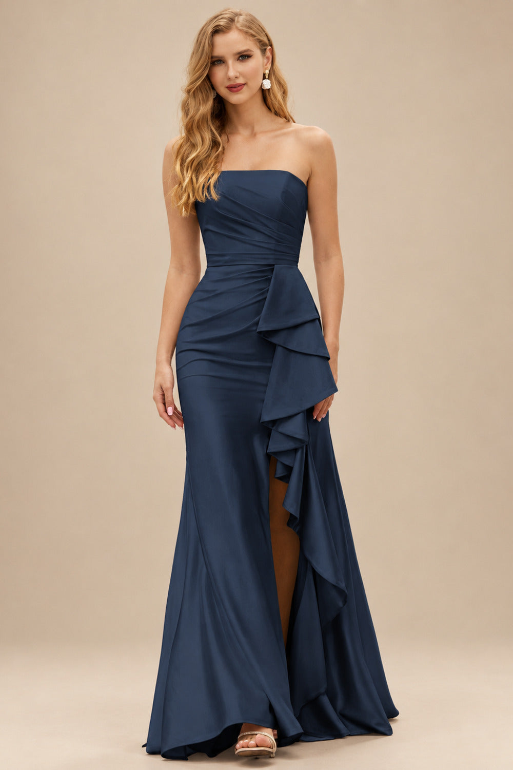Rutipo Dark Navy Mermaid Strapless Mermaid Evening Prom Dress with Ruffle Slit