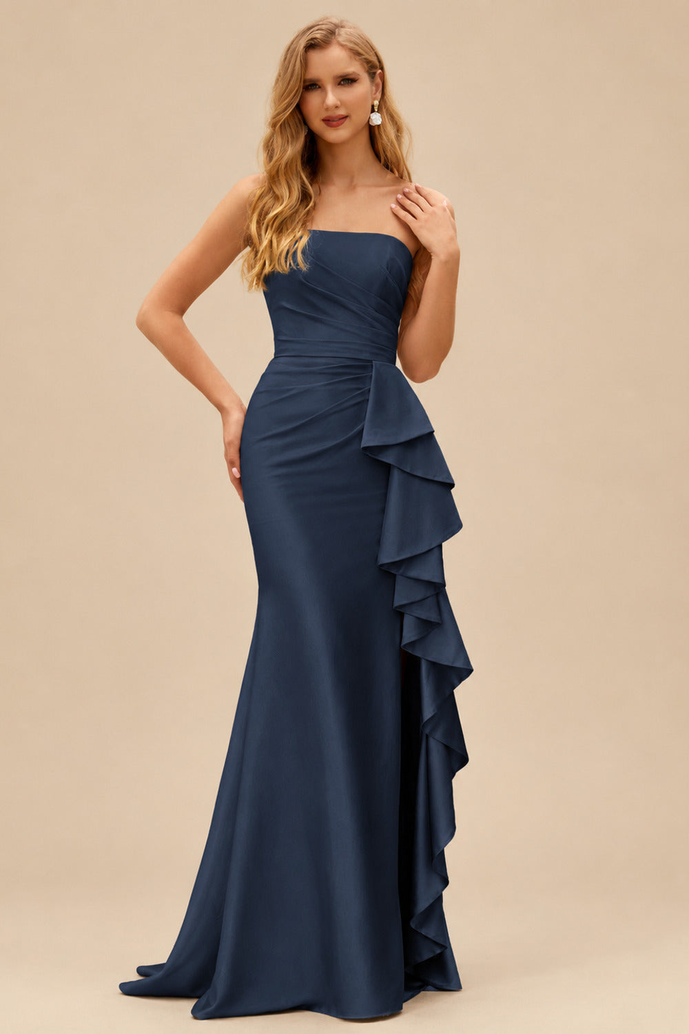Rutipo Dark Navy Mermaid Strapless Mermaid Evening Prom Dress with Ruffle Slit