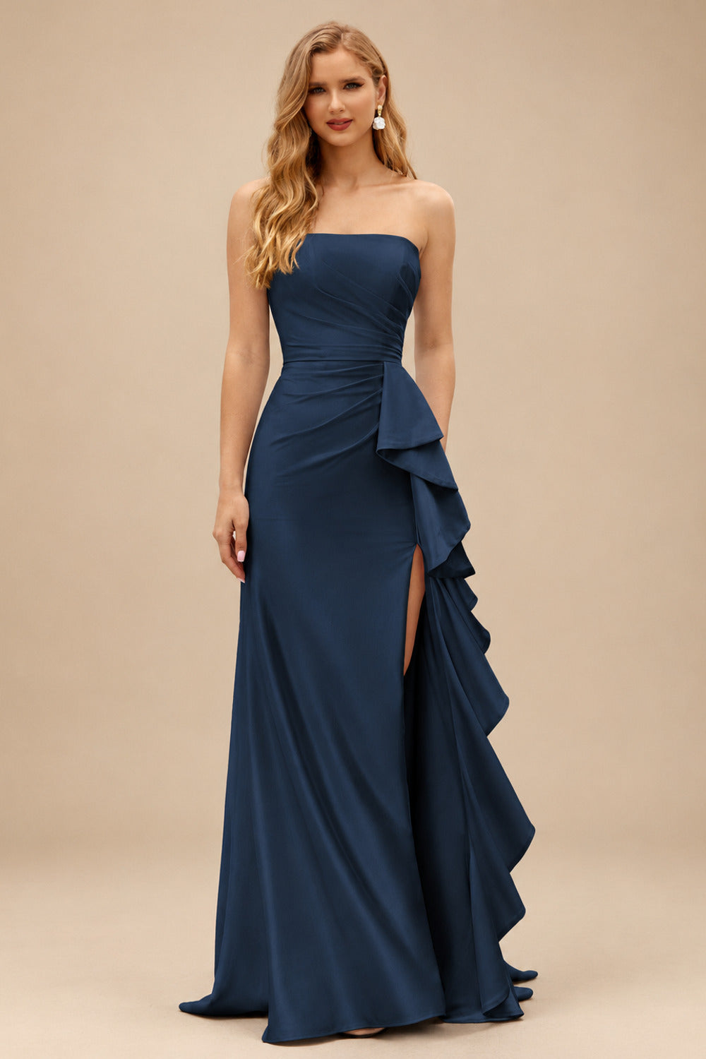 Rutipo Dark Navy Mermaid Strapless Mermaid Evening Prom Dress with Ruffle Slit
