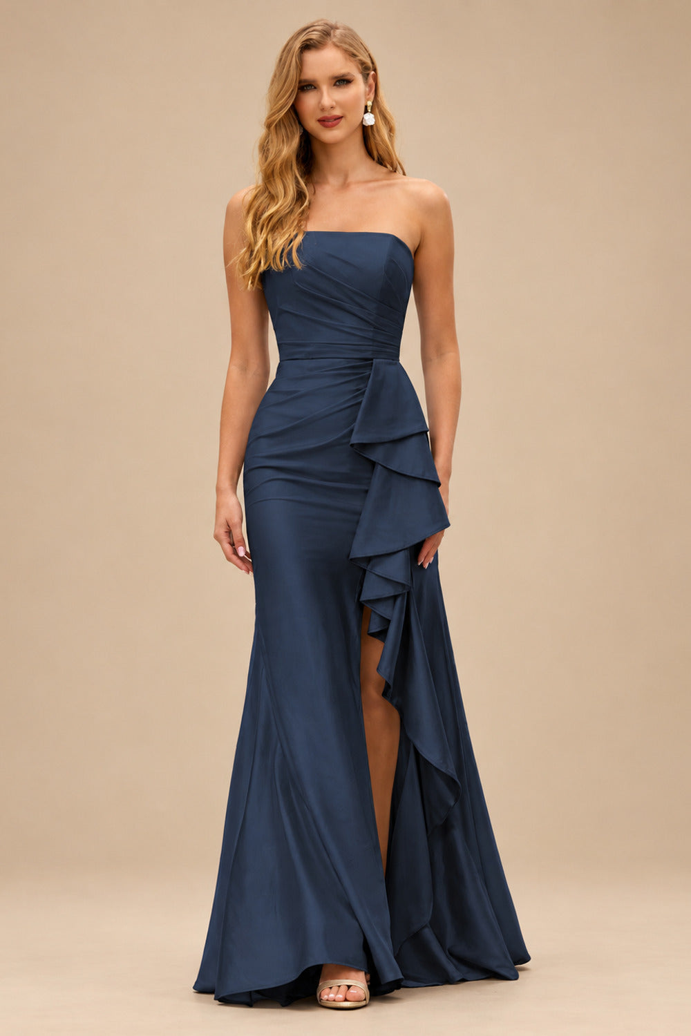Rutipo Dark Navy Mermaid Strapless Mermaid Evening Prom Dress with Ruffle Slit
