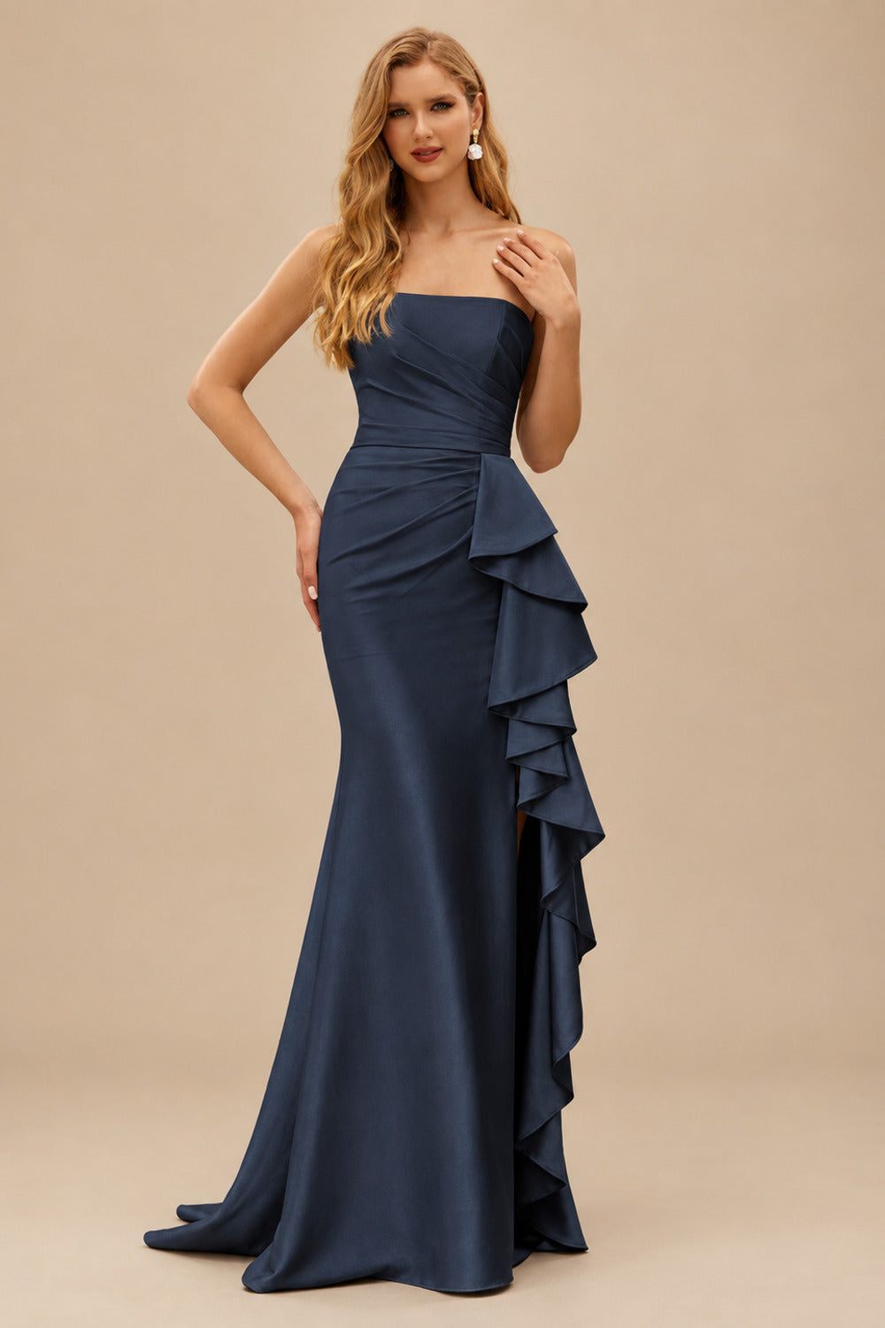 Rutipo Dark Navy Mermaid Strapless Mermaid Evening Prom Dress with Ruffle Slit