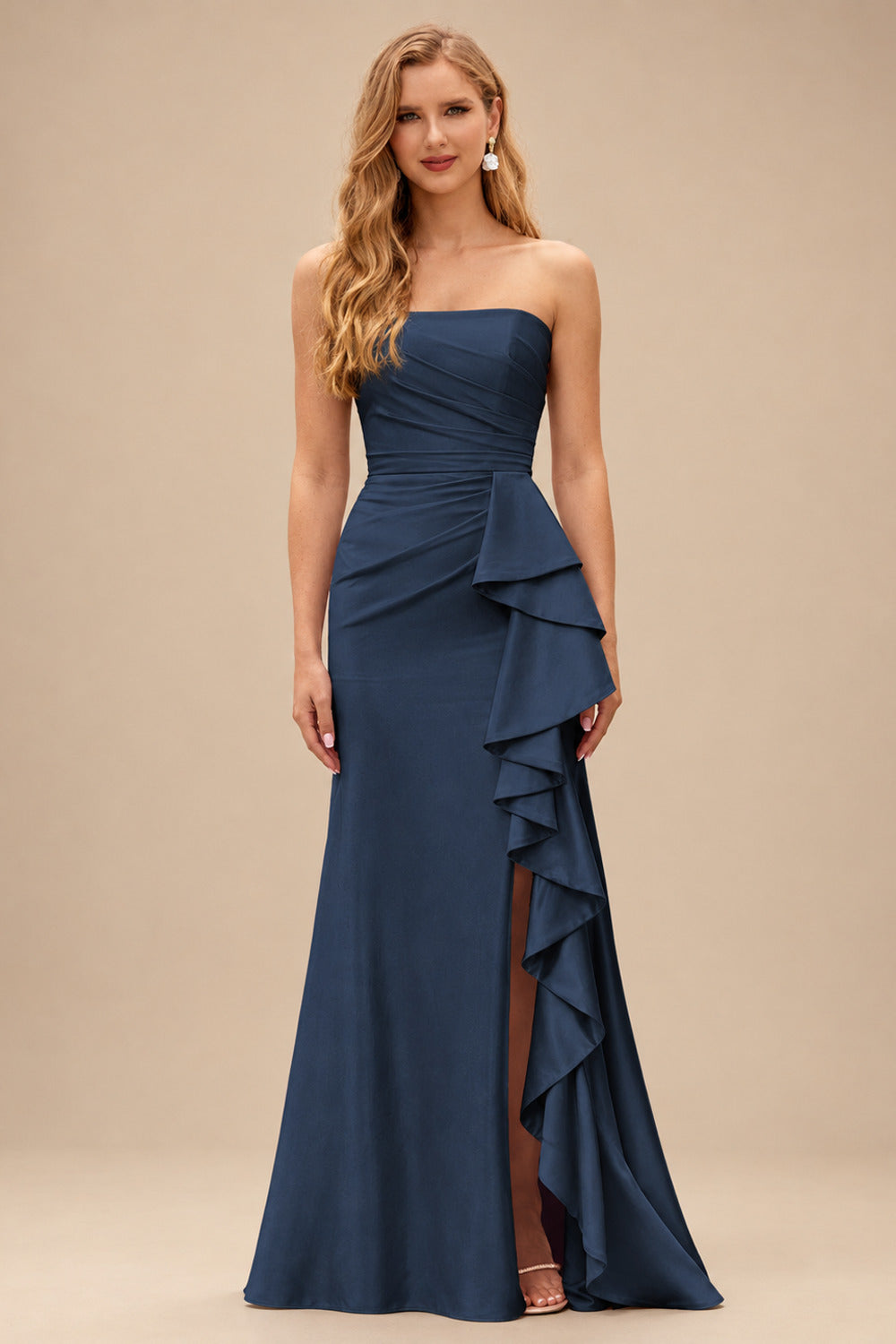 Rutipo Dark Navy Mermaid Strapless Mermaid Evening Prom Dress with Ruffle Slit