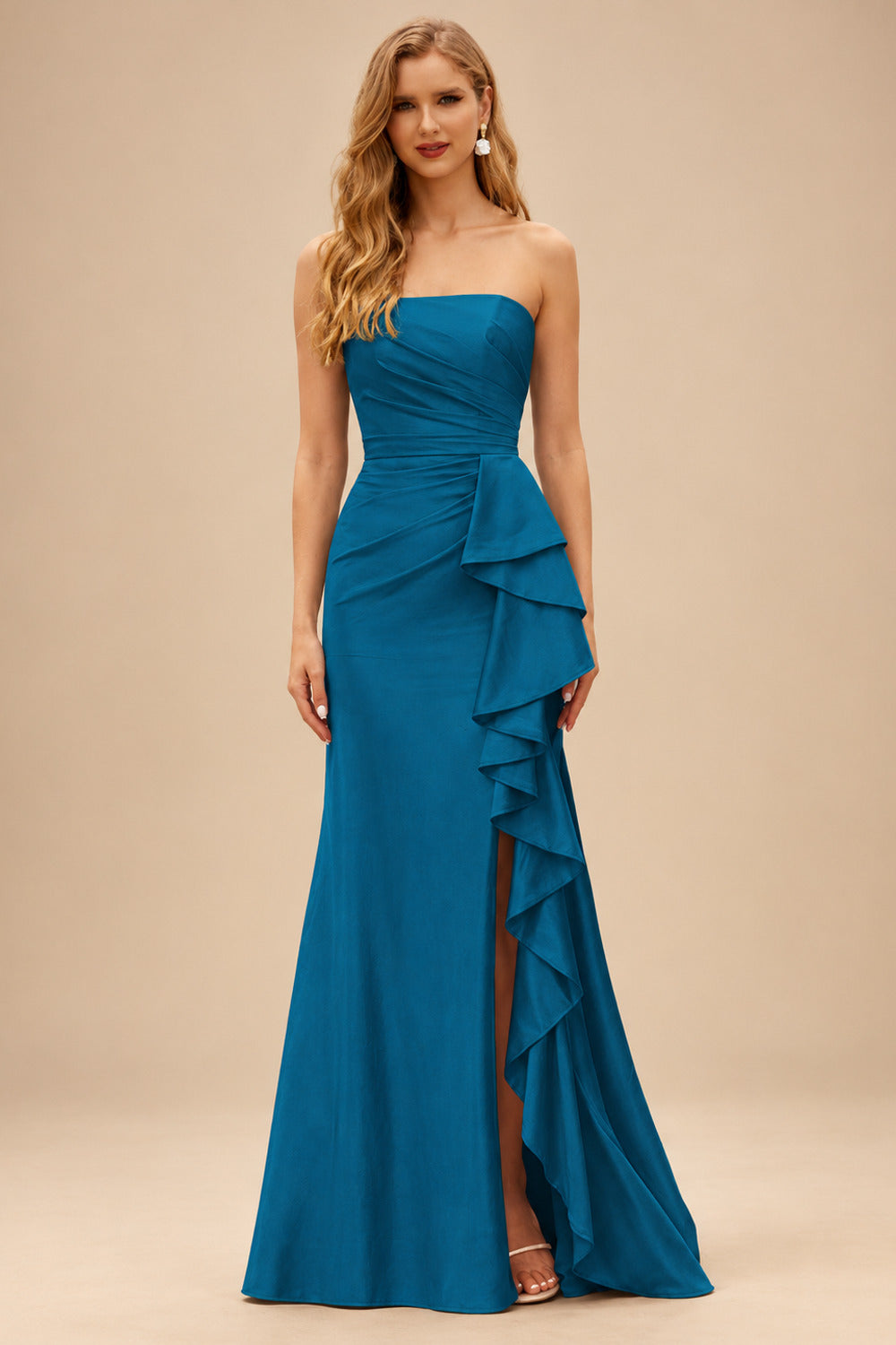 Rutipo Ink Blue Mermaid Strapless Mermaid Evening Prom Dress with Ruffle Slit