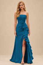 Rutipo Ink Blue Mermaid Strapless Mermaid Evening Prom Dress with Ruffle Slit