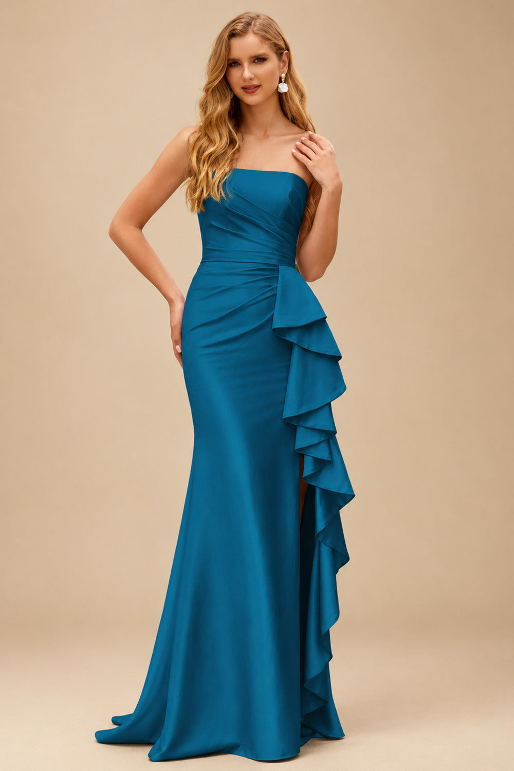 Rutipo Ink Blue Mermaid Strapless Mermaid Evening Prom Dress with Ruffle Slit