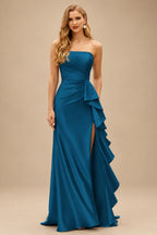 Rutipo Ink Blue Mermaid Strapless Mermaid Evening Prom Dress with Ruffle Slit