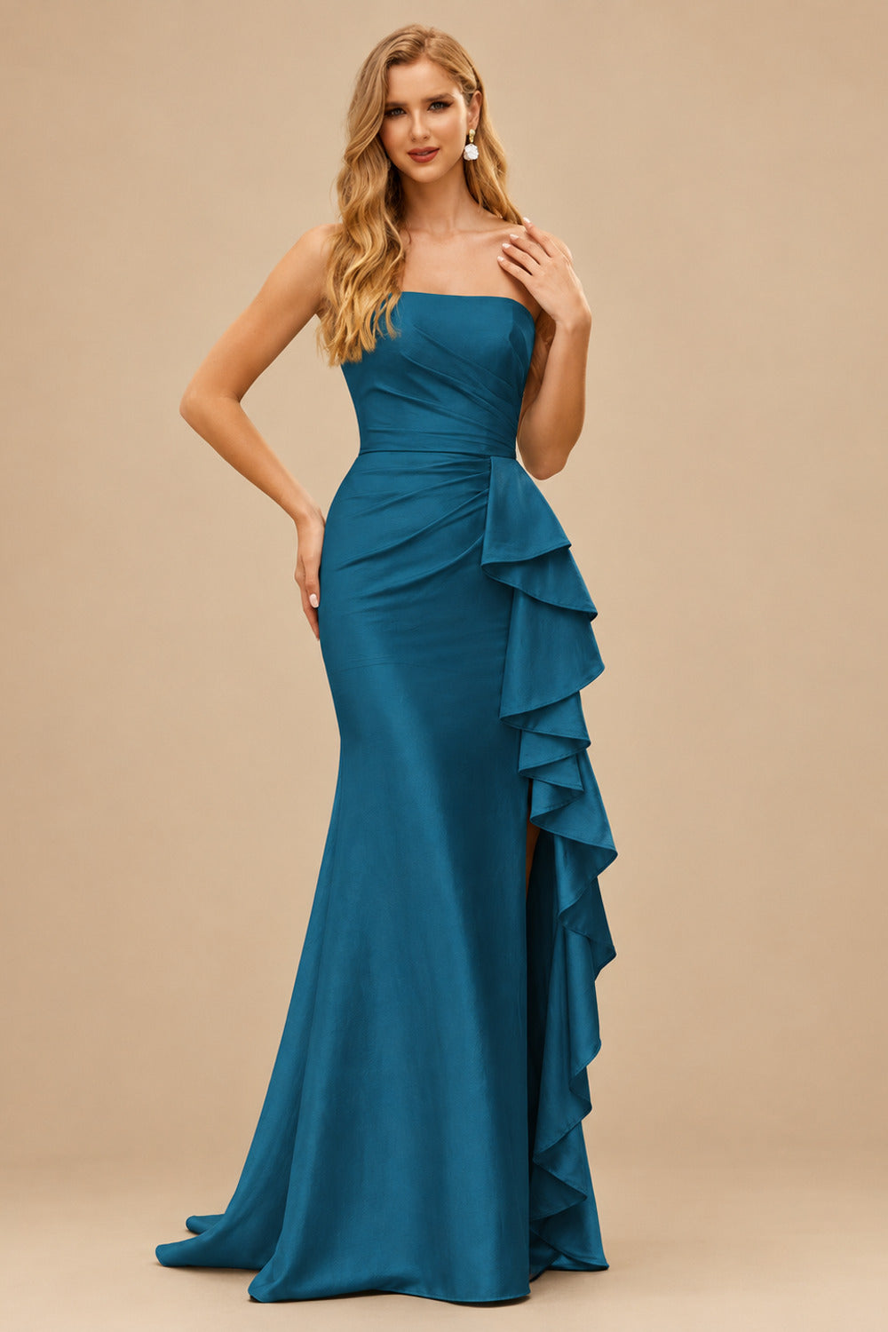 Rutipo Ink Blue Mermaid Strapless Mermaid Evening Prom Dress with Ruffle Slit