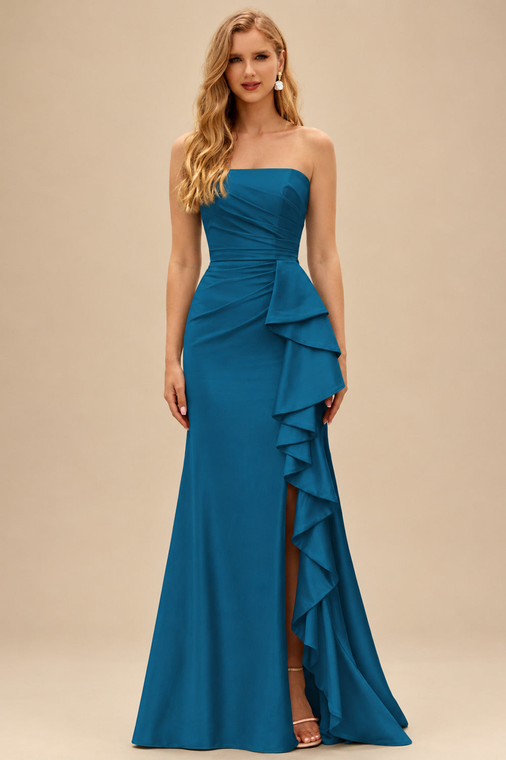 Rutipo Ink Blue Mermaid Strapless Mermaid Evening Prom Dress with Ruffle Slit