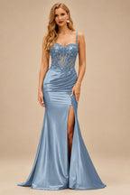 Rutipo Dusty Blue Sheath V-Neck Spaghetti Straps Prom Dress with Lace Appliqued Corset and Slit