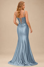 Rutipo Dusty Blue Sheath V-Neck Spaghetti Straps Prom Dress with Lace Appliqued Corset and Slit