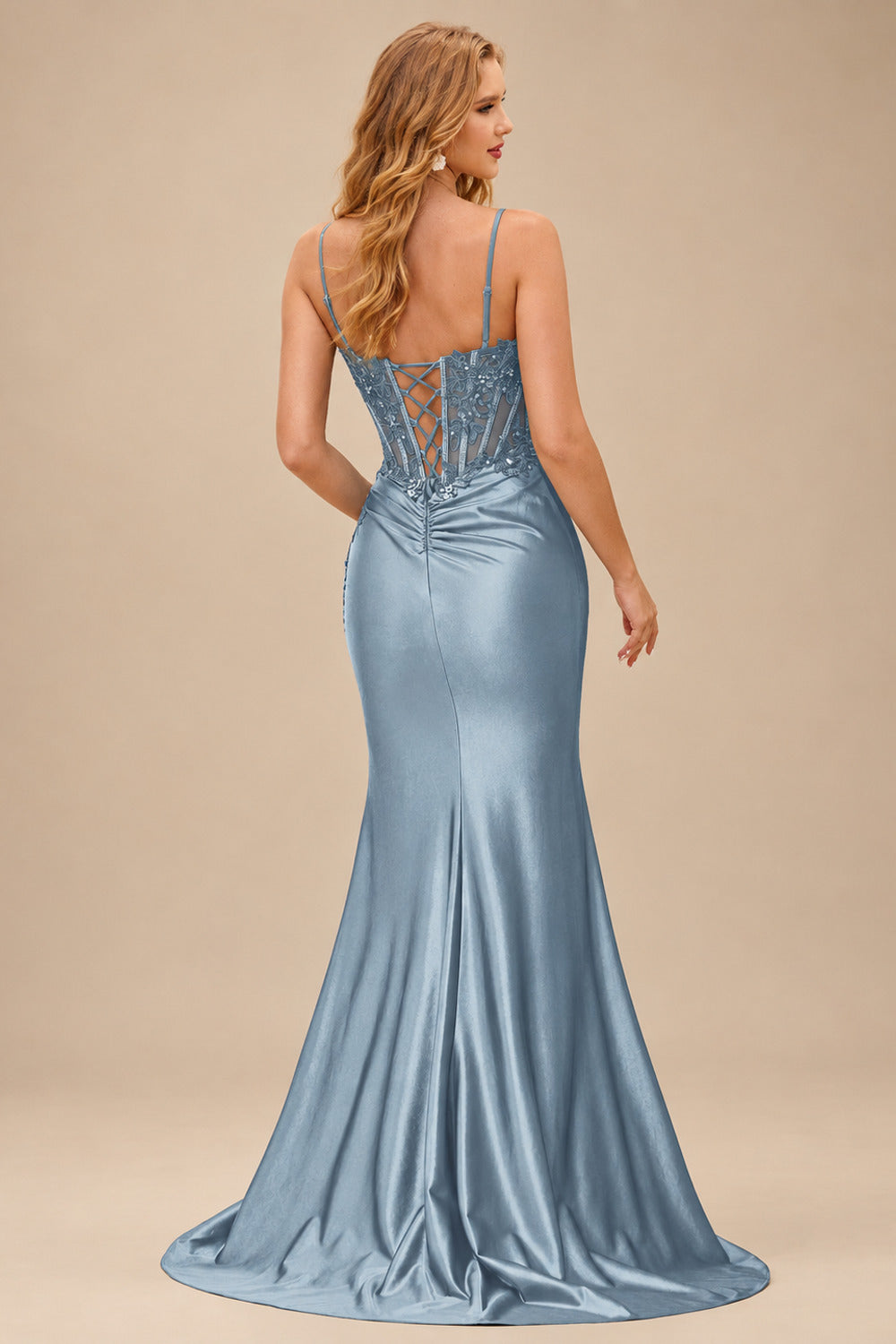 Rutipo Dusty Blue Sheath V-Neck Spaghetti Straps Prom Dress with Lace Appliqued Corset and Slit