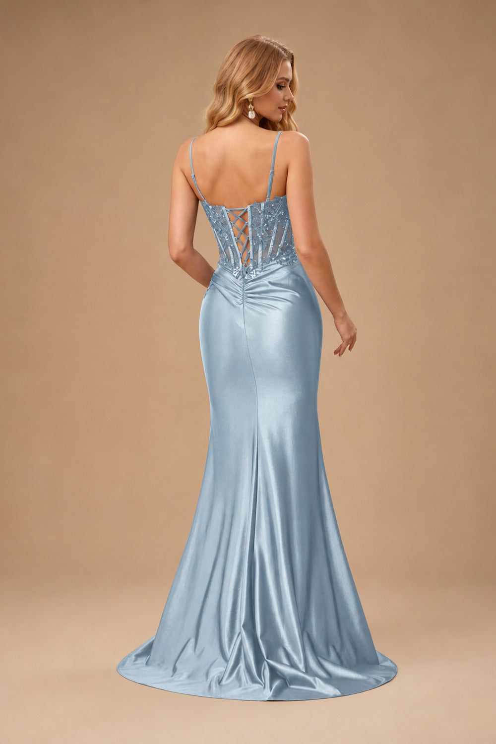 Rutipo Dusty Blue Sheath V-Neck Spaghetti Straps Prom Dress with Lace Appliqued Corset and Slit