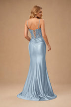 Rutipo Dusty Blue Sheath V-Neck Spaghetti Straps Prom Dress with Lace Appliqued Corset and Slit