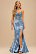 Rutipo Dusty Blue Sheath V-Neck Spaghetti Straps Prom Dress with Lace Appliqued Corset and Slit