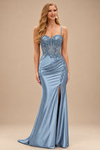 Rutipo Dusty Blue Sheath V-Neck Spaghetti Straps Prom Dress with Lace Appliqued Corset and Slit