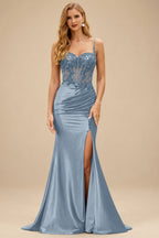 Rutipo Dusty Blue Sheath V-Neck Spaghetti Straps Prom Dress with Lace Appliqued Corset and Slit