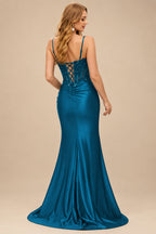 Rutipo Ink Blue Sheath V-Neck Spaghetti Straps Prom Dress with Lace Appliqued Corset and Slit