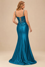 Rutipo Ink Blue Sheath V-Neck Spaghetti Straps Prom Dress with Lace Appliqued Corset and Slit