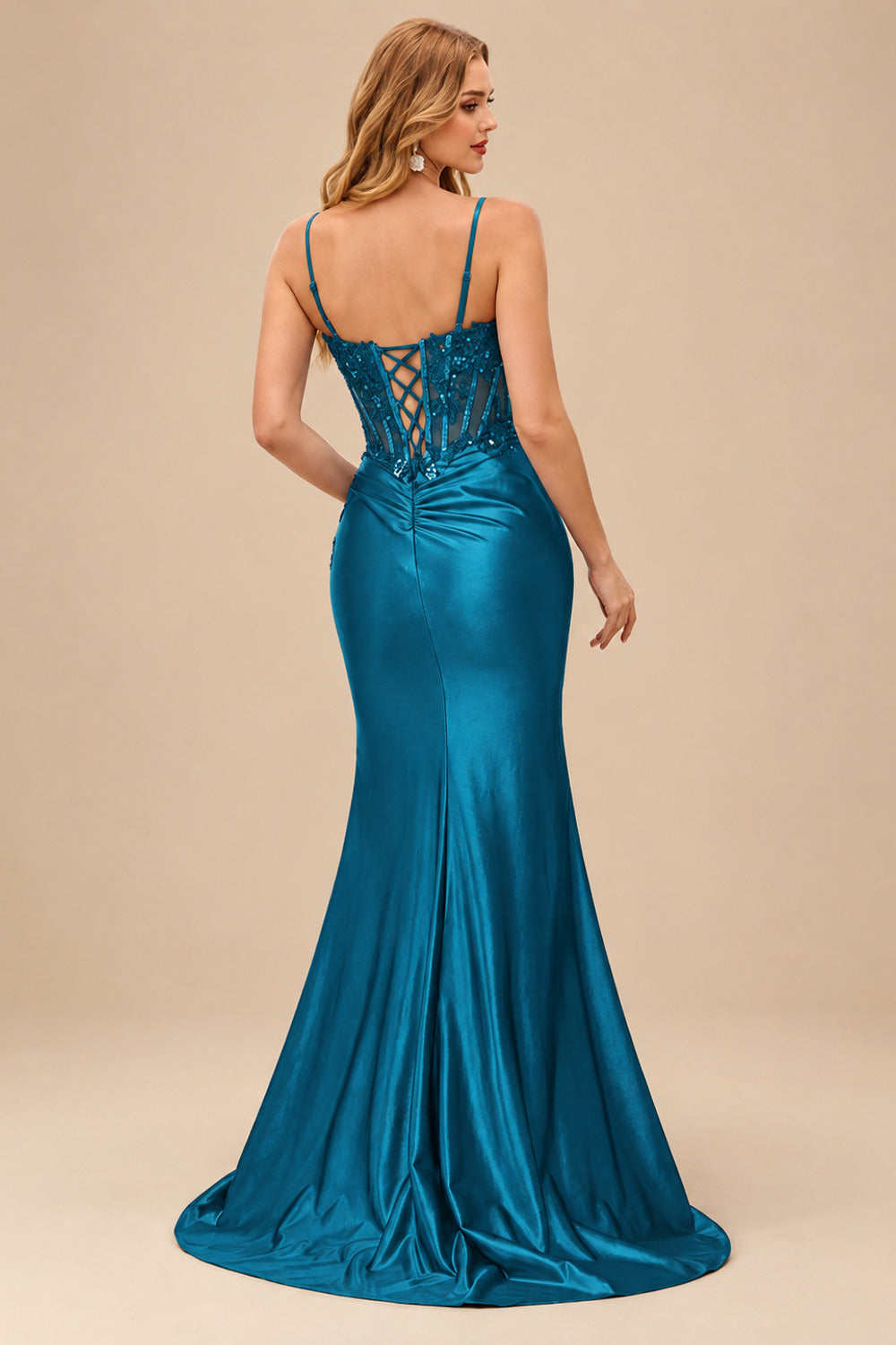 Rutipo Ink Blue Sheath V-Neck Spaghetti Straps Prom Dress with Lace Appliqued Corset and Slit