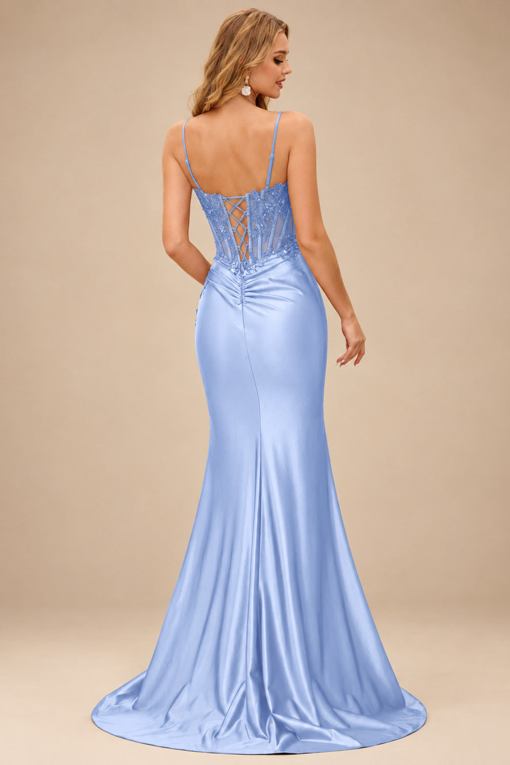 Rutipo Lavender Sheath V-Neck Spaghetti Straps Prom Dress with Lace Appliqued Corset and Slit