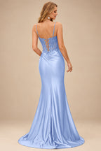 Rutipo Lavender Sheath V-Neck Spaghetti Straps Prom Dress with Lace Appliqued Corset and Slit