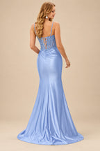 Rutipo Lavender Sheath V-Neck Spaghetti Straps Prom Dress with Lace Appliqued Corset and Slit