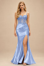 Rutipo Lavender Sheath V-Neck Spaghetti Straps Prom Dress with Lace Appliqued Corset and Slit