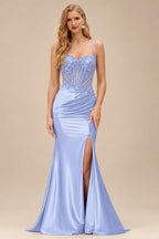 Rutipo Lavender Sheath V-Neck Spaghetti Straps Prom Dress with Lace Appliqued Corset and Slit