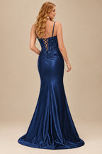 Rutipo Navy Blue Sheath V-Neck Spaghetti Straps Prom Dress with Lace Appliqued Corset and Slit