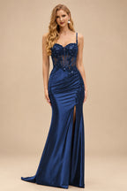 Rutipo Navy Blue Sheath V-Neck Spaghetti Straps Prom Dress with Lace Appliqued Corset and Slit