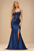 Rutipo Navy Blue Sheath V-Neck Spaghetti Straps Prom Dress with Lace Appliqued Corset and Slit