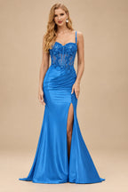 Rutipo Ocean Blue Sheath V-Neck Spaghetti Straps Prom Dress with Lace Appliqued Corset and Slit