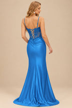 Rutipo Ocean Blue Sheath V-Neck Spaghetti Straps Prom Dress with Lace Appliqued Corset and Slit