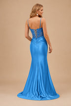 Rutipo Ocean Blue Sheath V-Neck Spaghetti Straps Prom Dress with Lace Appliqued Corset and Slit