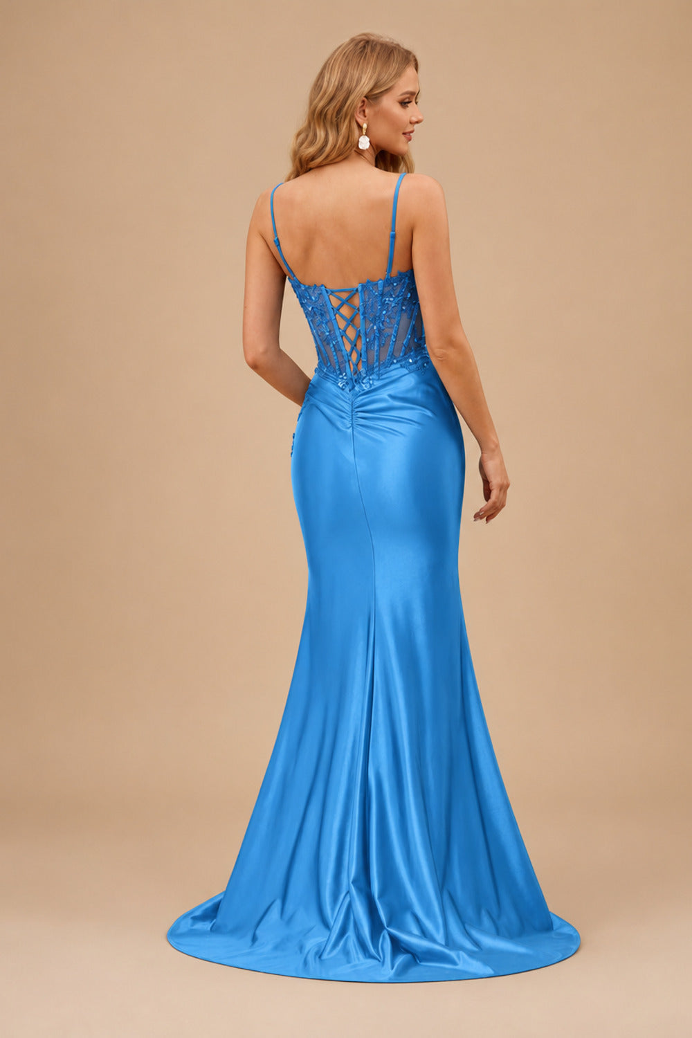 Rutipo Ocean Blue Sheath V-Neck Spaghetti Straps Prom Dress with Lace Appliqued Corset and Slit