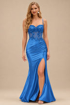 Rutipo Ocean Blue Sheath V-Neck Spaghetti Straps Prom Dress with Lace Appliqued Corset and Slit