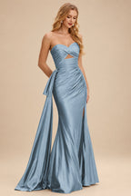 Rutipo Dusty Blue Strapless Cutout Ruched Sweethear Slit Prom Dress with Side Draping